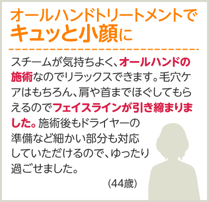 オールハンドトリートメントでキュッと小顔に スチームが気持ちよく、オールハンドの施術なのでリラックスできます。毛穴ケアはもちろん、肩や首までほぐしてもらえるのでフェイスラインが引き締まりました。施術後もドライヤーの準備など細かい部分も対応していただけるので、ゆったり過ごせました。(44歳)